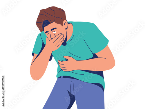 Man experiencing stomach pain and nausea, holding his abdomen and mouth in discomfort