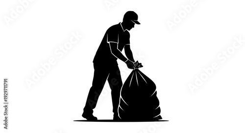 Caring for Environment: A person, captured in silhouette, diligently tying up a full garbage bag, demonstrating commitment to environmental preservation and community cleanliness.