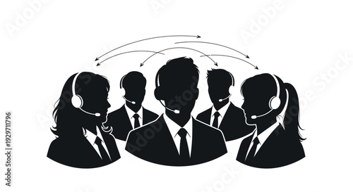 Digital Contact Center: Silhouetted figures of support representatives in a virtual world of customer service, dedicated to efficient communication and solutions.