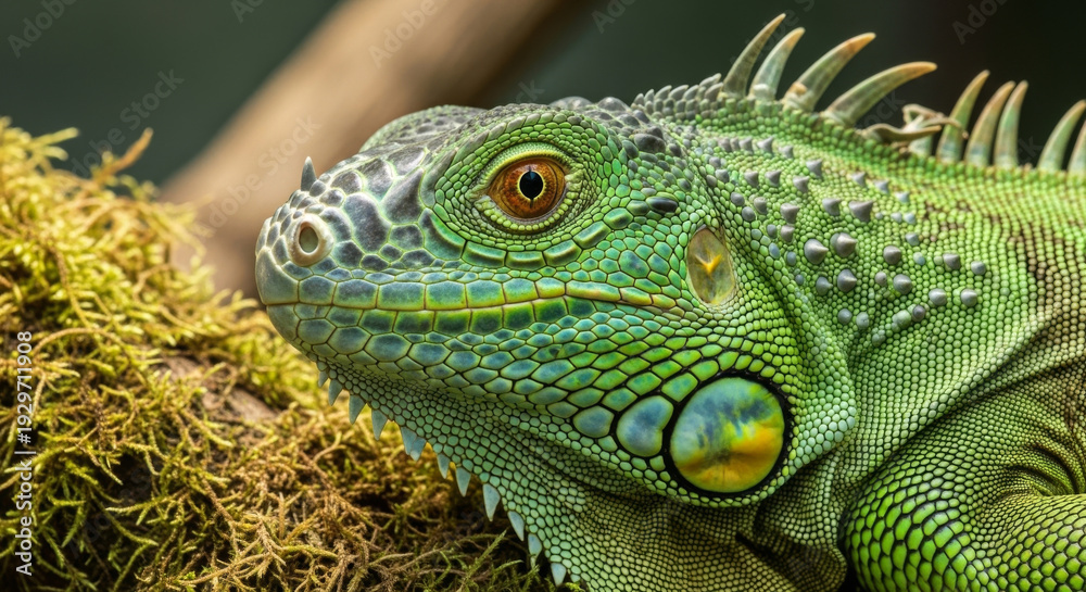 Fototapeta premium Vibrant Green Iguana Basking on a Moss-covered Branch, Showcasing Its Detailed Scales and Bright Eye Colors