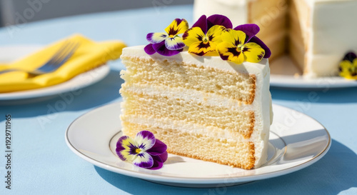 Delicious Slice of White Cake Adorned with Vibrant Pansy Flowers, Ready to Be Enjoyed on a Sunny Day