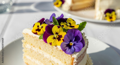 Slice of Vanilla Cake Adorned with Vibrant Edible Flowers, Showcasing a Delightful and Elegant Dessert Presentation