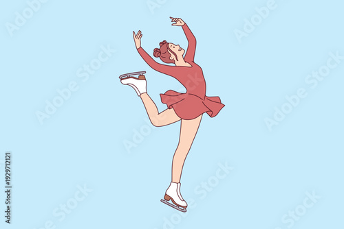 Professional female athlete glides on one leg while holding the other high above her head. Graceful skater performing difficult technical stretch element on the cold ice rink.