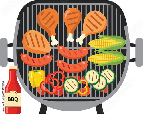 Barbecue grill top view with chicken legs sausages corn zucchini bell peppers and bottle of ketchup sauce