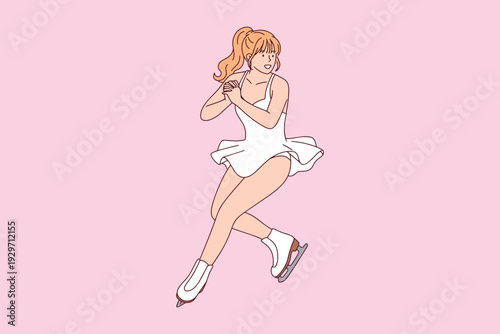 Graceful young woman gliding across ice rink preparing for a technical jump. Athlete practicing her routine for upcoming winter sports figure skating competition at the stadium.