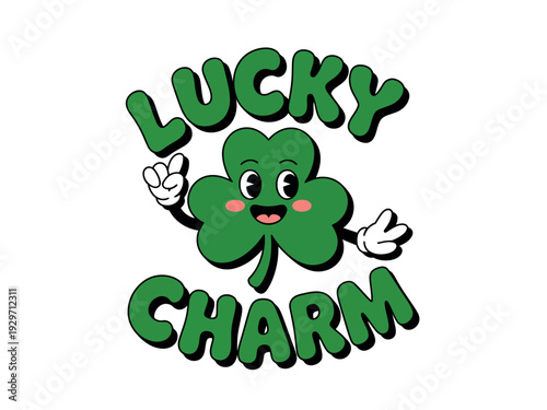Cartoon Lucky Charm Four-Leaf Clover Character with Smiling Face and Gloved Hands Illustration