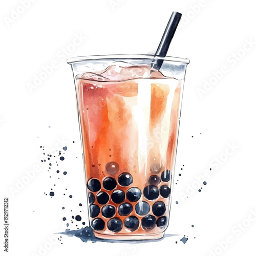 Bubble Tea Boba, watercolor painting capturing graceful lines and soft blended shades, isolated on a white background.