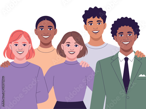 Diverse group of five friends standing together in unity and harmony smiling