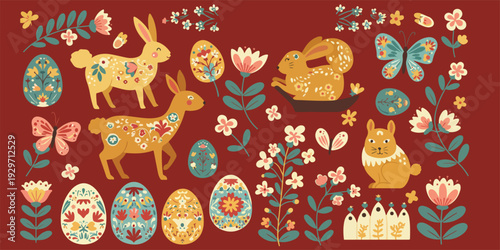 Easter themed illustration with rabbits deer butterflies flowers and eggs on red background