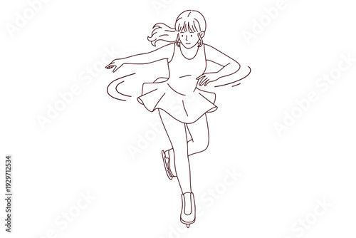 Line art illustration of a young female figure skater concentrating before a jump. Coloring page showing speed, focus, and technical preparation on the ice rink.
