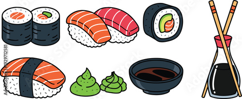 Assorted sushi rolls, nigiri, maki and dipping sauce with soy sauce bottle