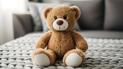 A brown teddy bear sitting on a gray knitted blanket indoors