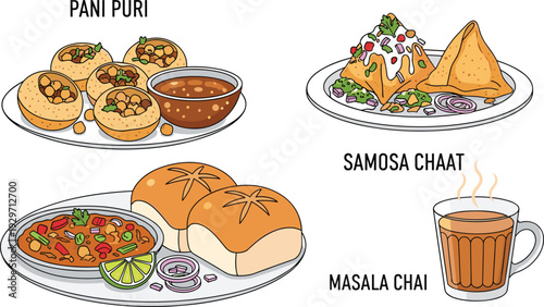 Plate of pani puri, samosa chaat and masala chai with pav bhaji