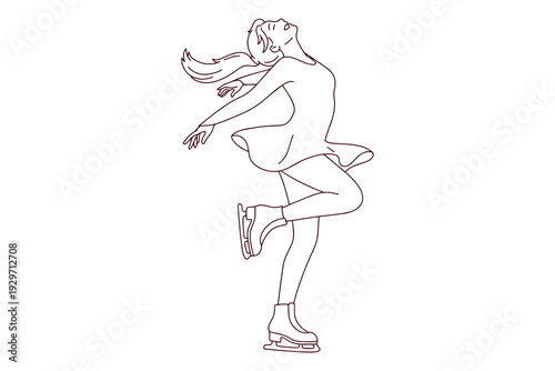 Young figure skater with a ponytail enjoying the speed on ice with her head back. Coloring page illustrating freedom, joy, and emotional expression in sports.