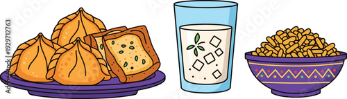 Plate of samosas and bread with glass of drink and bowl of snacks