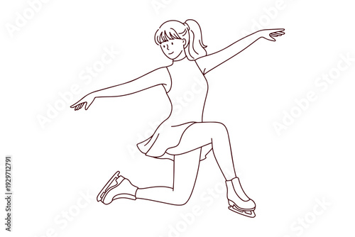 Female figure skater performing a floor element on one knee with arms wide. Black and white coloring page showing a unique technical pose on the ice rink.