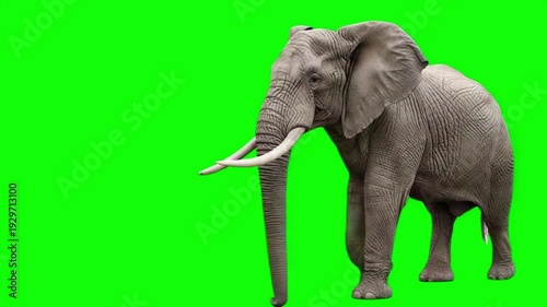 African elephant walking on green screen background, massive mammal animal movement for chroma keying