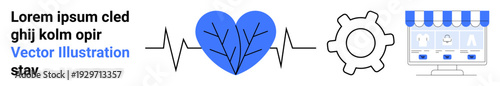 Health services, technology innovation, ecommerce, online shopping, business solutions, operational processes. Blue heart and gear alongside a digital storefront. Health services and technology