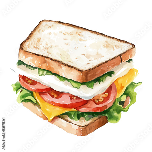 Breakfast Sandwich, watercolor vector portraying a joyful pose with colorful highlights, isolated on a white background.