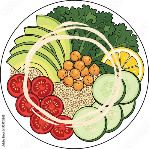 Healthy vegan buddha bowl with quinoa, avocado, chickpeas, tomatoes, cucumbers, kale, and lemon