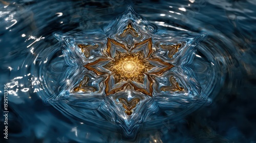 Intricate shimmering star shape rests upon swirling dark water surface
