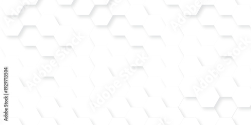 White Hexagonal Background. Luxury White Pattern. Futuristic honeycomb mosaic white background. Abstract embossed hexagon. Surface polygon pattern with glowing hexagon paper texture.	