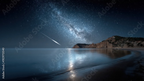 Brilliant celestial path streaks across dark night sky over calm coastal landscape reflections