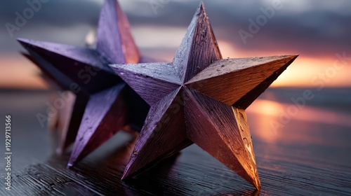 Two dimensional star shapes rest upon a dark, wet surface against a twilight sky.