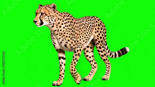 Cheetah walking on green screen background, fast wild cat predator movement for chroma key animation
