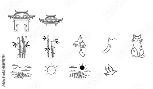 Black and white line of asian inspired including pagoda bamboo boat cat