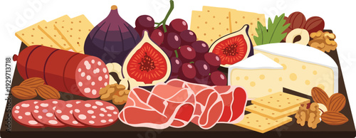 Charcuterie board with salami cheese figs grapes nuts crackers meats vector illustration