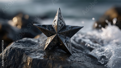 Dark metallic five-pointed celestial shape rests upon wet coastal rock near ocean spray