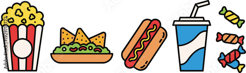 Colorful fast food items popcorn hot dog soda nachos candies vector illustration