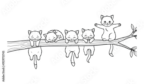 Black and white of five cats sitting and sleeping on a tree branch