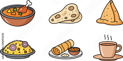 Indian food curry naan biryani chicken roll tea cup samosa vector illustration