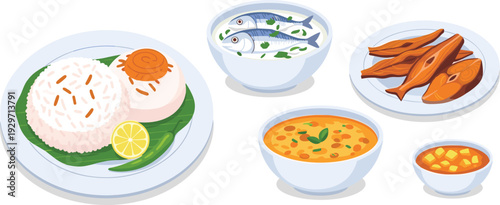 Fresh healthy meal with fish soup and rice dish on white plate vector illustration