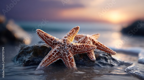 Two textured marine echinoderms rest upon a damp rock at the ocean's edge during twilight hours.