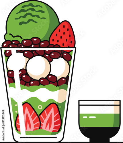 Matcha parfait with green tea ice cream, red beans, mochi, and strawberries in a tall glass