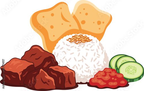 Indonesian nasi rendang dish with spicy beef and white rice served with crackers and fresh cucumber slices