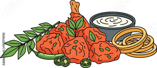 Spicy chicken 65 appetizer with fried onion rings and dipping sauce served with fresh green chili peppers