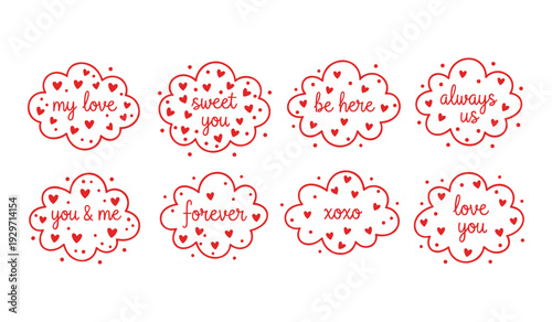 Red heart-shaped clouds with romantic phrases for valentine's day hearts love