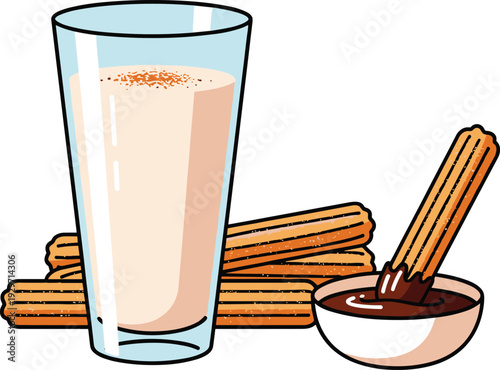 Crispy churros dipped in rich chocolate sauce with a tall glass of cinnamon milk for dessert treat