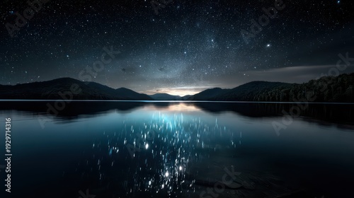 Brilliant celestial sphere illuminates dark wilderness landscape reflected in calm body of water