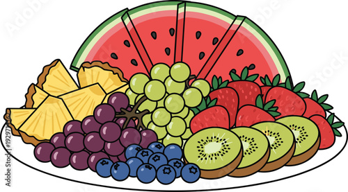 Fresh fruit platter with watermelon, pineapple, grapes, strawberries, kiwi, and blueberries