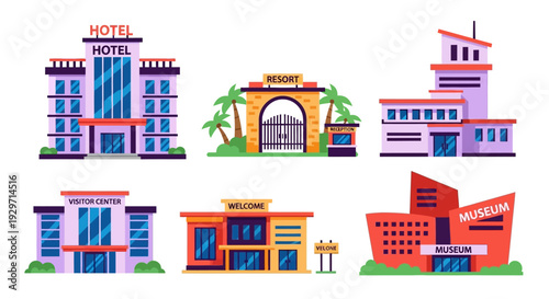 Architectural Icons: A vibrant collection of stylized buildings showcases diverse architectural forms, featuring a hotel, resort, and museum, each element meticulously designed.