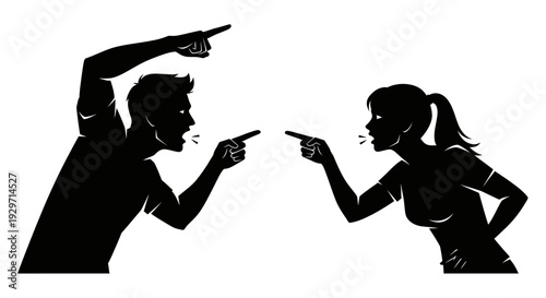 Conflict and Blame: Two silhouetted figures, a man and a woman, stand facing each other, aggressively pointing fingers and engaged in a heated argument, symbolizing disagreement and accusation.
