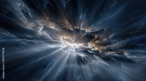Brilliant light bursts through swirling dark cosmic clouds filled with shining particles