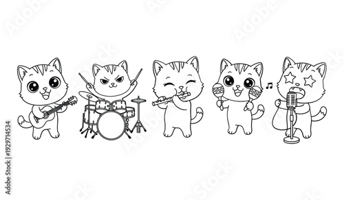Five cute cats playing musical instruments black and white band