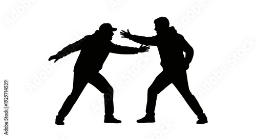 Silhouette Confrontation: Two figures, captured in striking silhouette, are engaged in a tense and dramatic confrontation, hinting at conflict and tension.