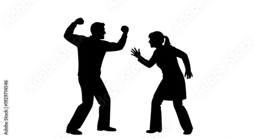 Conflict and Confrontation: Silhouette figures engage in a tense interaction, their body language conveying a heated argument or disagreement.